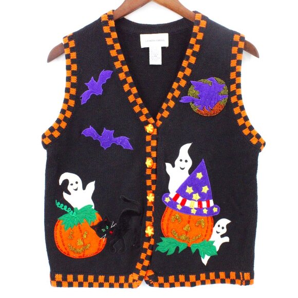 Vintage Lemon Grass Vest Womens Petite Black Halloween Theme Embroidered Size PM - Picture 1 of 9